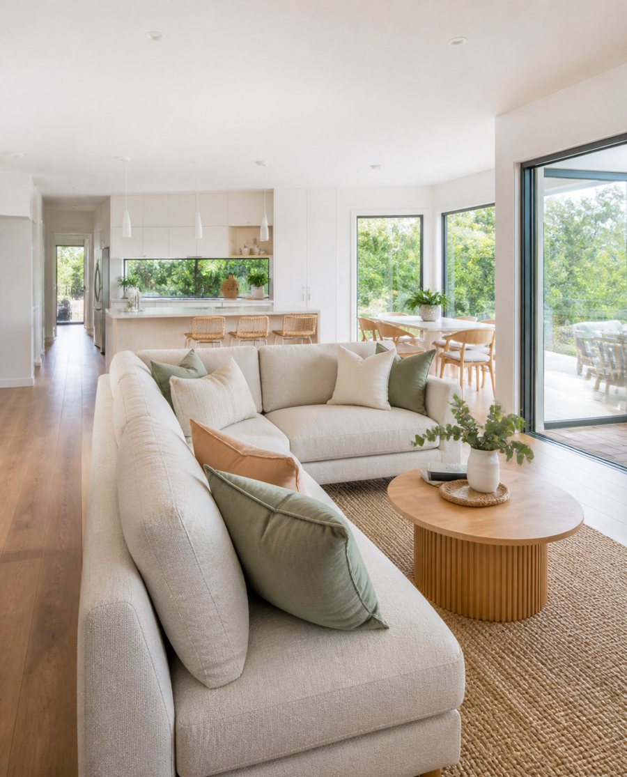 Bright, spacious living room with a cream sofa, timber floors and large windows