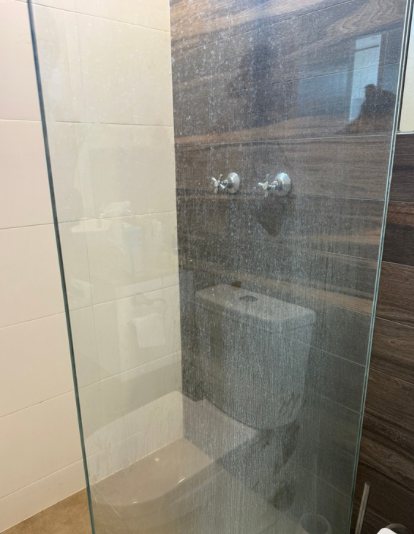Before: Shower glass covered in water spots